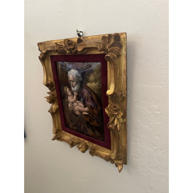 Traditional 1930s Spectacular Miniature Painting St Joseph With Infant Jesus C. 1635 by Guido Reni With Early Italian Gold Leaf Frame For Sale - Image 3 of 6