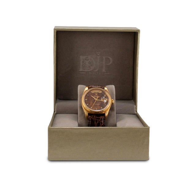 Vintage Rolex Day Date 36mm 18038 Spanish Wood Dial Brown Leather 18k Gold Watch For Sale - Image 9 of 10