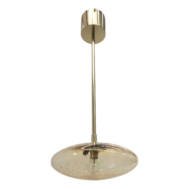 Italian Uno Polished Brass Amber Bubbles Murano Glass Shade Pendant by Fabio LTD For Sale