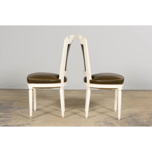 Antique French Louis XVI Style Painted Chairs With Olive Green Leather - A Pair For Sale - Image 13 of 18
