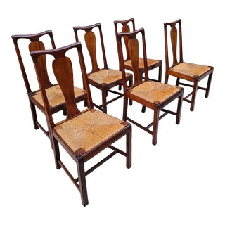 Set of 6 Antique Chippendale Dining Chairs With Rush Seats For Sale