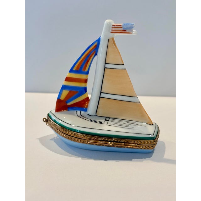 French Mid 18th Century Limoges Sailboat Trinket Box Hand Painted in Limoges, France For Sale - Image 3 of 12