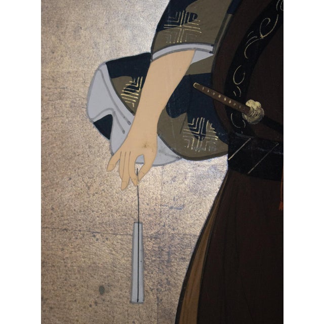 Wood Showa Era Japanese Painted Panels "Samurai & Bijin", a Pair For Sale - Image 7 of 17