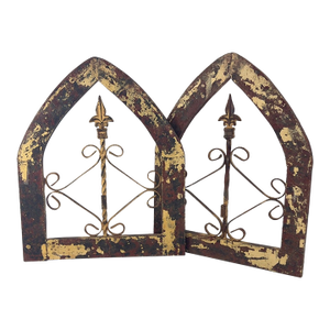 Rustic Farmhouse Gothic Style Arched Window Fleur-De-Lis Red Yellow Chipped Wood Hanging Wall Decor, Set of 2