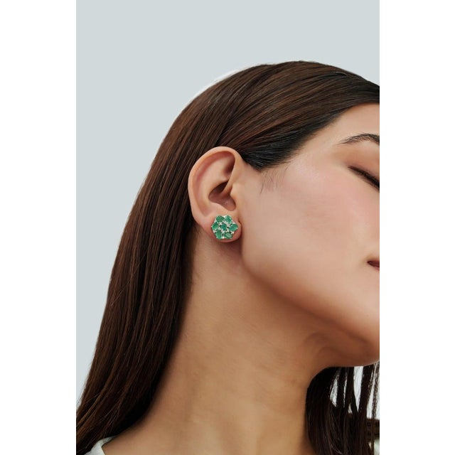 925 Silver 6.21 Ct Emerald and Diamond Floral Cluster Stud Earrings, a Pair For Sale - Image 6 of 12