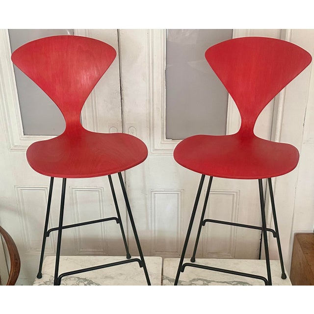 1960s Norman Cherner Bar Counter Stools Pair Plycraft Mid Century Modern 1960s Eames Knoll Era For Sale - Image 5 of 7