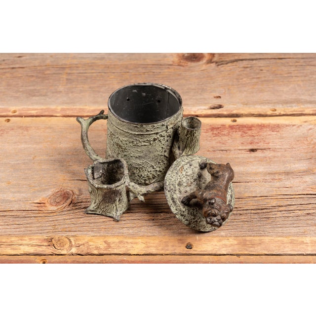 Early 20th-Century Cast Metal Bulldog Tree Stump Desk Humidor For Sale - Image 9 of 9