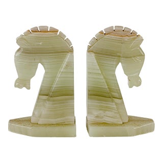 Vintage Mid-Century Modern Hand Carved Green Onyx Horse Head Bookends For Sale