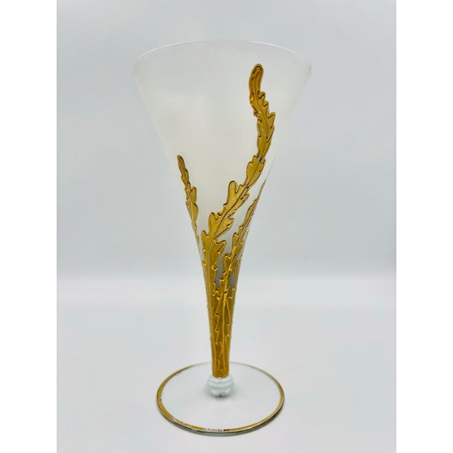 Glass 1940s Frosted Glass Wine Flutes With Gold Leaf Motif – Pair For Sale - Image 7 of 12