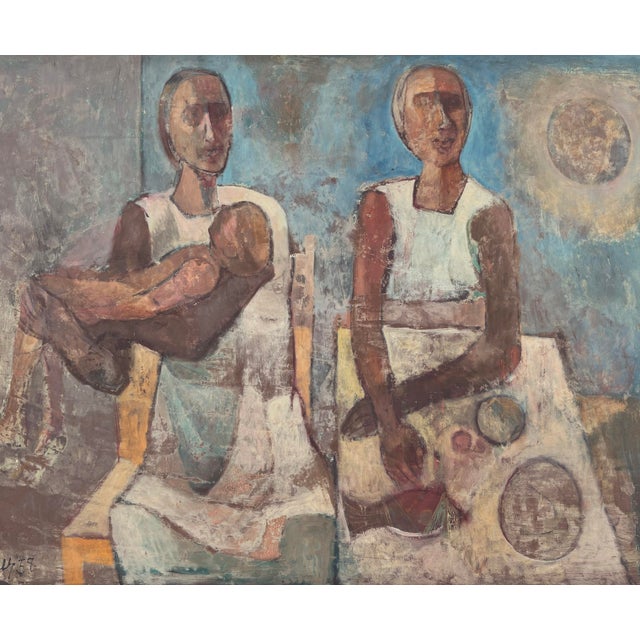 Expressive Mid-Century figural painting of two women and child in pastel hues by Harold Kitner (American, 1921 - 2004)....