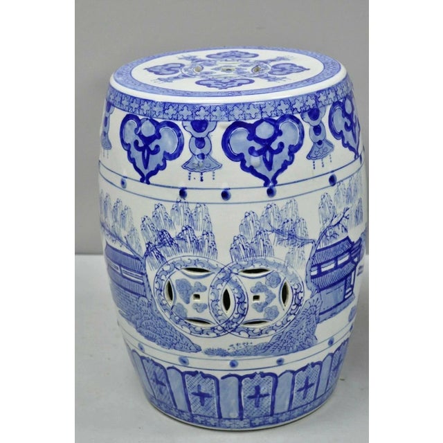 Ceramic Vintage Chinese Oriental Blue & White Porcelain Garden Drum Seat Table - A Pair For Sale - Image 7 of 9