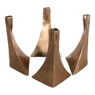 Lot of Four Brutalist Candlesticks in Cast Bronze Marked Tlb 13 C 1970's For Sale