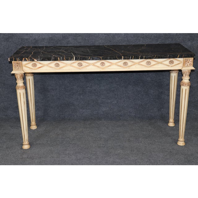 Louis XVI Style Distressed Painted and Gilt Marble Top Console Table For Sale - Image 4 of 13