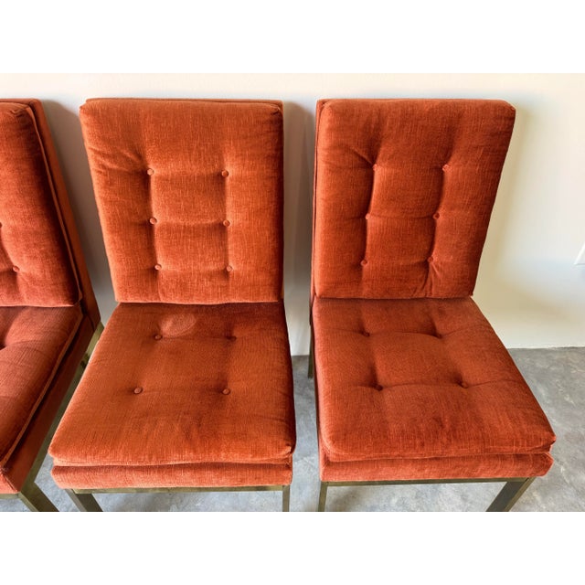 1970s Set of Four Mid- Century Brass & Orange Velvet Chenille Dining Chairs by Milo Baughman for Dia For Sale - Image 5 of 12