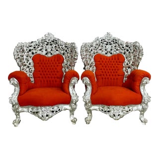 Rococo Style Throne Chair – Orange Velvet Upholstery With Silver Leaf Hand-Carved Frame For Sale
