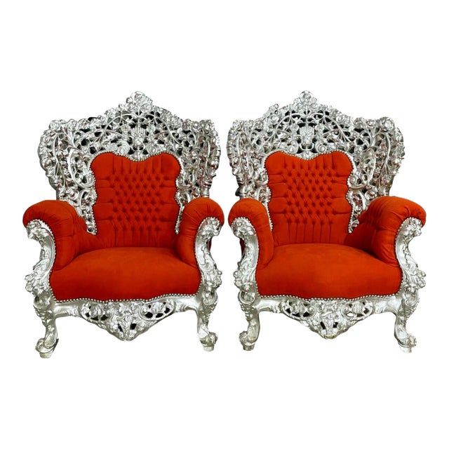Rococo Style Throne Chair – Orange Velvet Upholstery With Silver Leaf Hand-Carved Frame For Sale