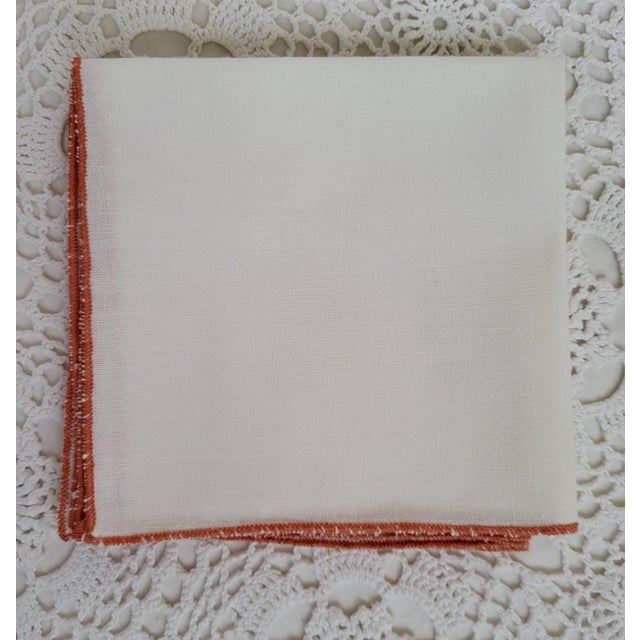 1960s White Linen and Orange Trimmed Linen Luncheon Napkins- Set of 4 For Sale - Image 4 of 5