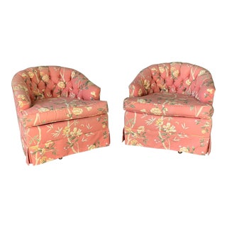 Floral Upholstered Tufted Swivel Club Chairs - Set of 2 For Sale