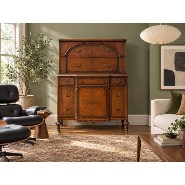 Vintage solid walnut/burlwood highboy chest of drawers, likely from the 1920s to 1930s (such as an Art Deco or Jacobean-...