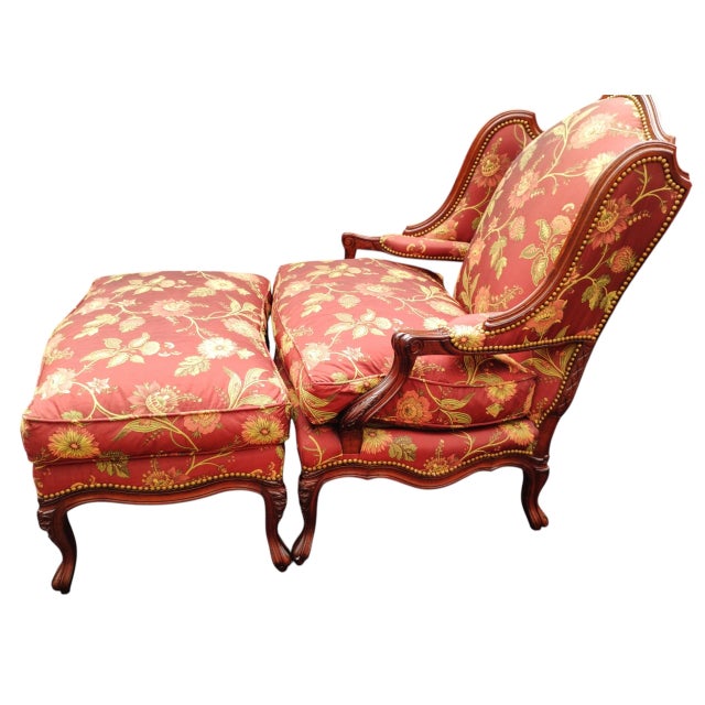 French Country Experience the Peak of Traditional Elegance With This Custom French Country Bergère Chair and Ottoman by Taylor King. 1980s For Sale - Image 3 of 12
