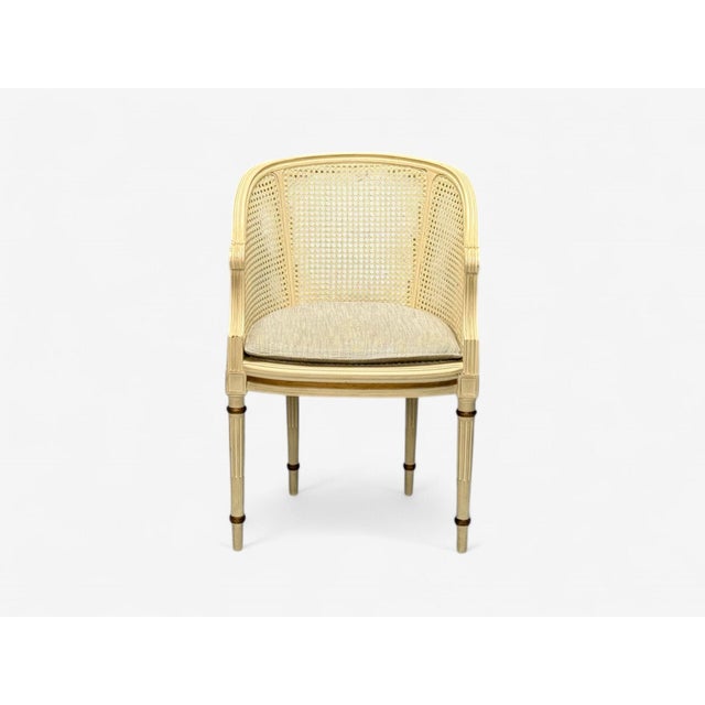 French Louis XVI Style, Barrel Back Occasional Chair, Cream Painted Wood, Cane, 1960s For Sale - Image 3 of 11