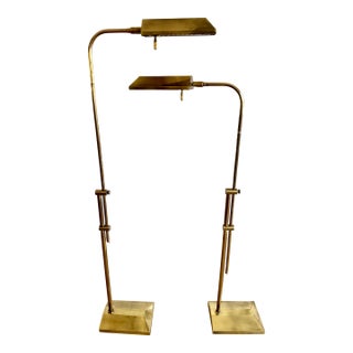 Vintage Frederick Cooper Adjustable Solid Brass Pharmacy Floor Lamps — Pair | Architectural Modern Reading Lamps For Sale