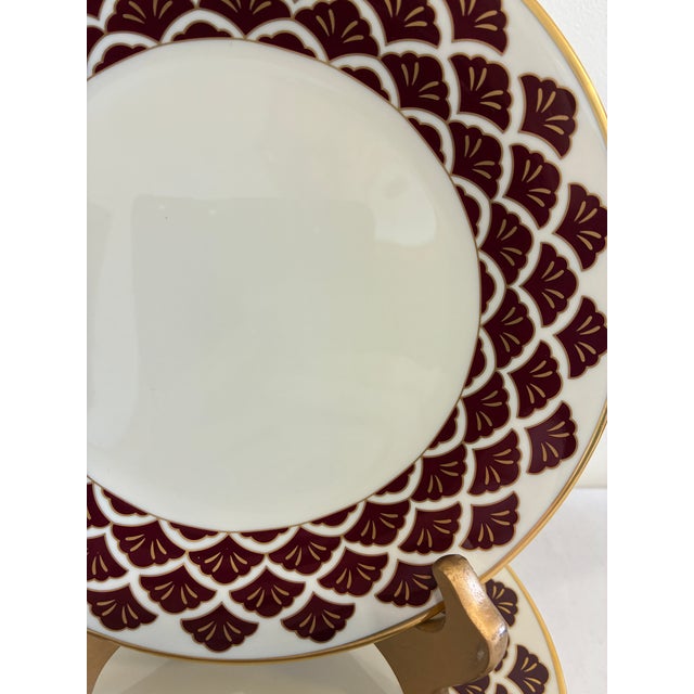 Mid 20th Century Vintage Pickard Fine China Salad Plates, Set of 8, Burgundy & Gold Fan Pattern For Sale - Image 5 of 11
