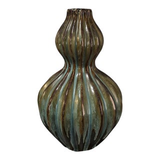 Vintage Mid-Century-Modern Glazed Pottery Double Gourd Ribbed Multicolor Earth Tone Vase For Sale