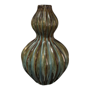 Vintage Mid-Century-Modern Glazed Pottery Double Gourd Ribbed Multicolor Earth Tone Vase
