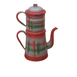 Vintage Enamelware Coffee Pot in Orange/Green/Gray Plaid