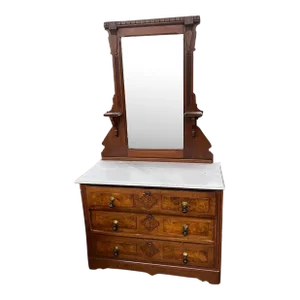 19th Century Antique Victorian Eastlake Style Walnut Burled Wood Marble Top Dresser With Mirror
