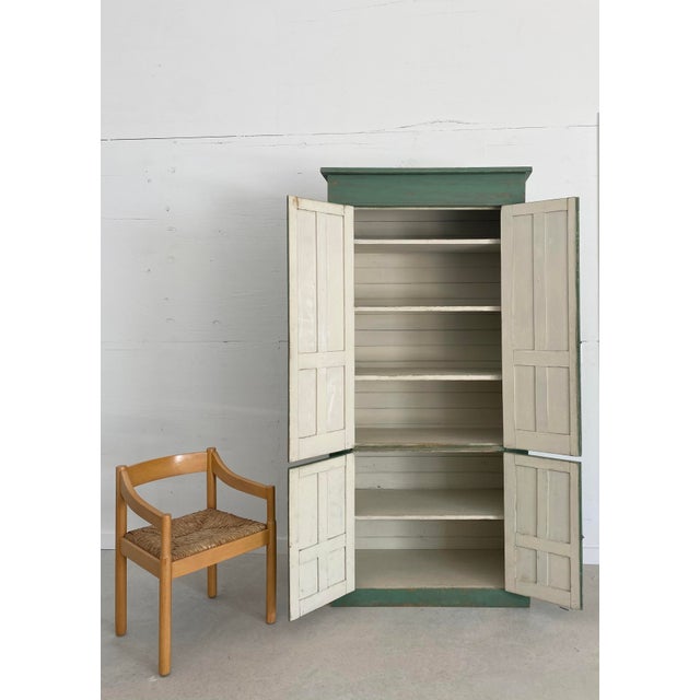Wood Primitive Painted Green Four Door Cabinet With Original Brass Sliding Lock For Sale - Image 7 of 18