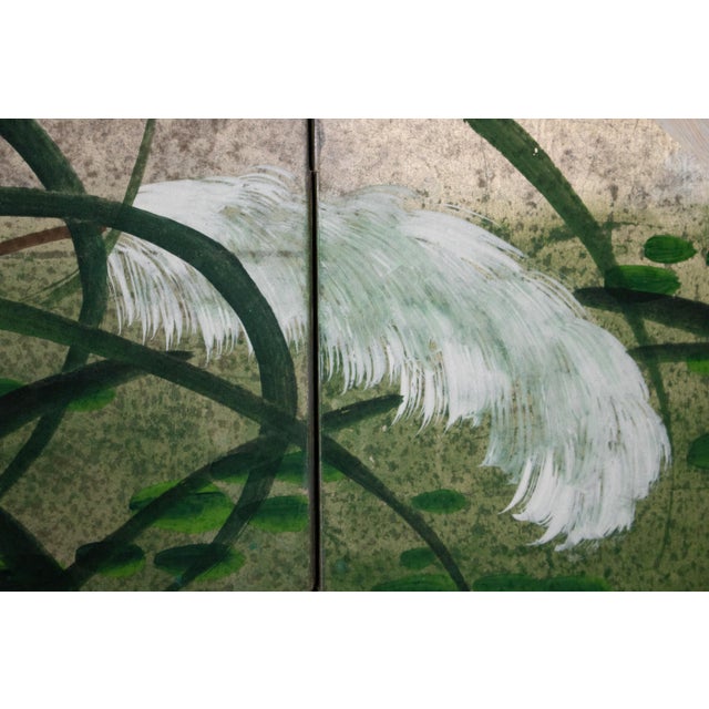 C. 1970s Japanese Style Screen "Egrets" on Silver Background For Sale - Image 14 of 18