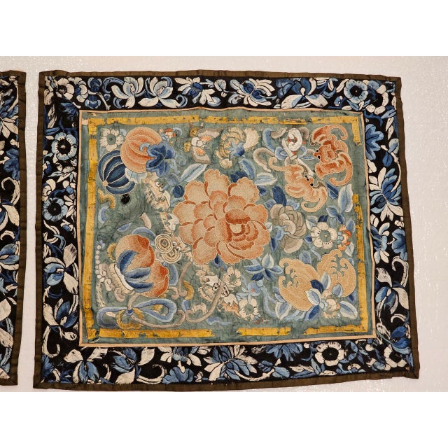 Textile Pair of 19th Century Chinese Silk Hand Embroidery Panels of Flowers, Bats, Moths For Sale - Image 7 of 14