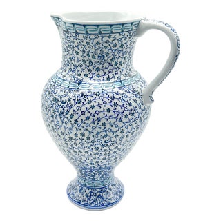 Handmade Ceramic “Masrapa” Pitcher (25cm) – Classic Blue Golden Horn (Halic) Pattern – Traditional Ottoman Art For Sale