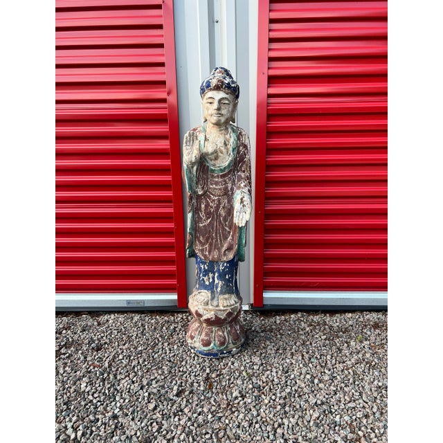 Antique Chinese Polychrome Decorated & Carved Wood Buddha For Sale - Image 4 of 12