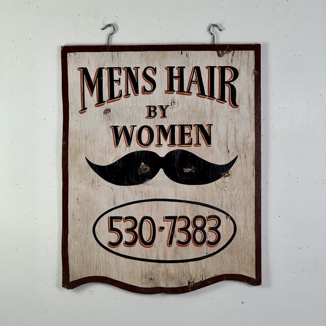 American Vintage Double Sided Wooden Sign Advertising "Mens Hair by Women" With Mustache Illustration For Sale - Image 3 of 9