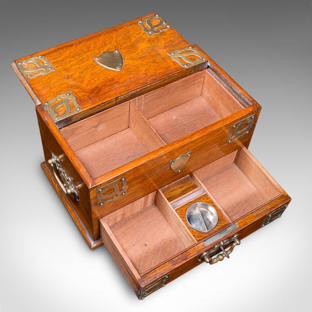 Brown Antique Smoker's Box, English, Oak, Brass, Cigar Case, Club Lounge, Edwardian For Sale - Image 8 of 12