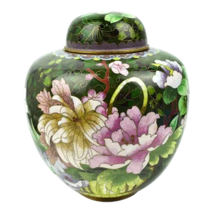 Mid 20th Century Green Enamel Chinese Cloisonné Blossom Floral Pattern Lidded Ginger Jar Urn
