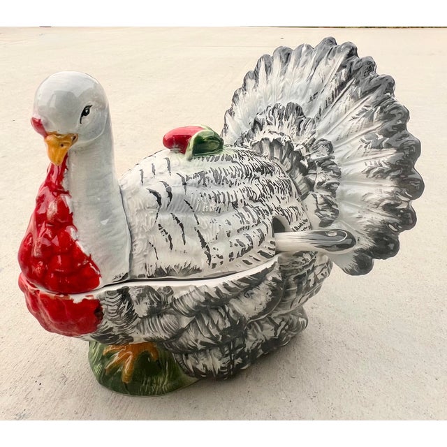 White Mid Century Vintage Italian Majolica Turkey Tureen Bowl With Ladle Thanksgiving For Sale - Image 8 of 8