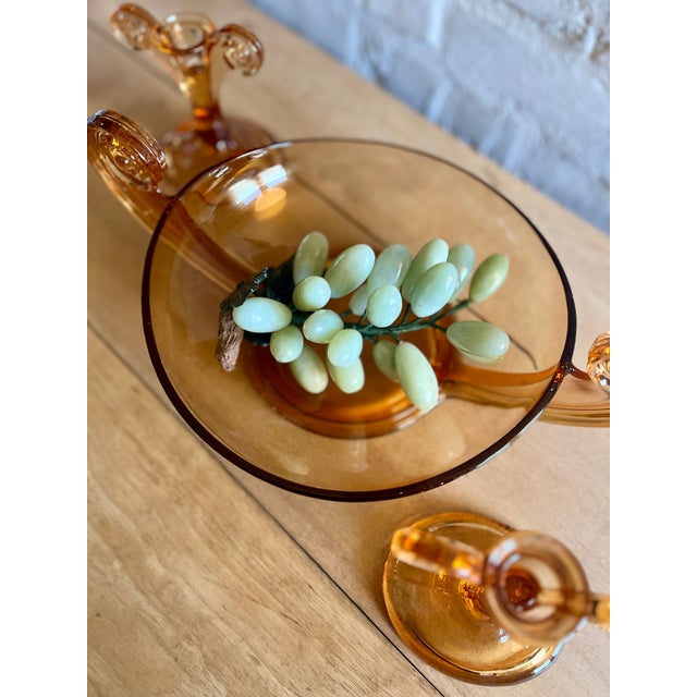 1920s Fostoria Art Deco Pink Scroll Console Bowl With Pair of Candlestick Holders - 3 Piece Antique Set Glass Set Circa 1920-30 For Sale - Image 5 of 12