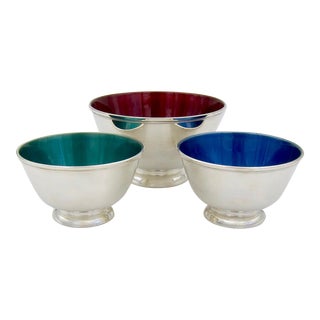 Three Vintage Enamel and Silverplate Bowls From Towle Silversmiths For Sale