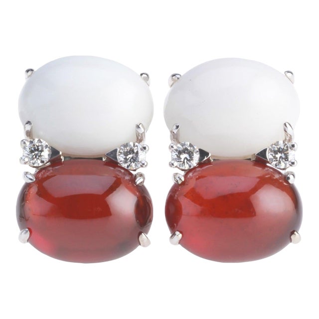 Christina Addison Grande Gum Drop Earrings With Cabochon White Jade and Garnet and Diamonds For Sale