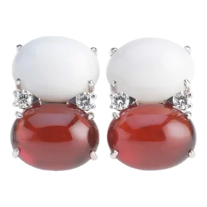 Christina Addison Grande Gum Drop Earrings With Cabochon White Jade and Garnet and Diamonds
