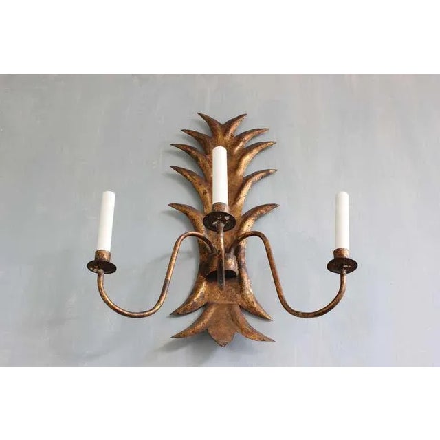 Large 1950s Spanish Gilt Metal Foliate Three-Arm Wall Sconce For Sale - Image 4 of 11