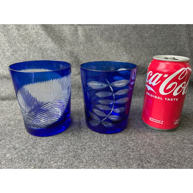 Blue Mid 20th Century Bohemia Cut to Clear Cobalt Etched Tumblers Glasses a Pair For Sale - Image 8 of 15