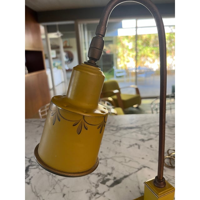 1940s French Metal Tole Mustard Desk Lamp With Toleware Paint & Shade For Sale - Image 4 of 10