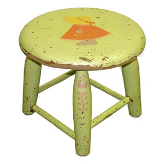 Vintage French Country Lime Green Rustic Footstool Stool W a Child Pictured For Sale
