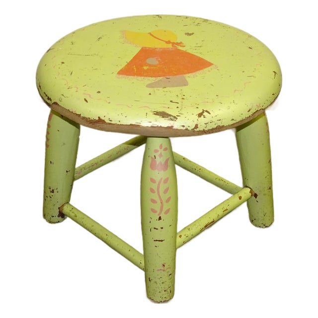 Vintage French Country Lime Green Rustic Footstool Stool W a Child Pictured For Sale