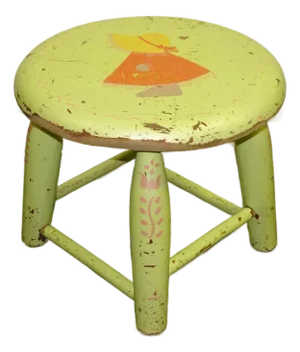 Vintage French Country Lime Green Rustic Footstool Stool W a Child Pictured